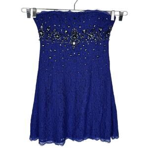Adrianna Papell Blue Lace Strapless Gem Beaded Glam Babydoll Mini Dress Sz 10